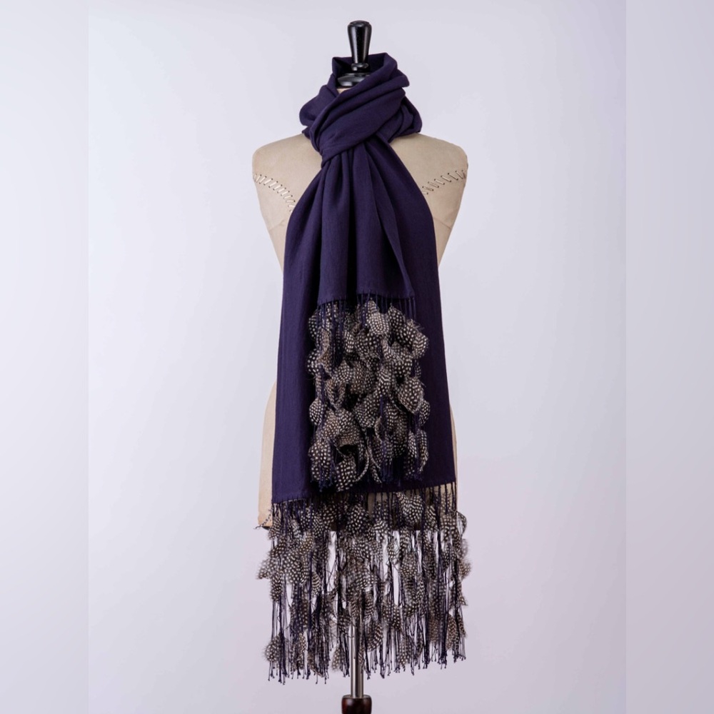 Anna Trzebinski Stole with Guinea Fowl Feather Pashmina Feather Shawl Nepal